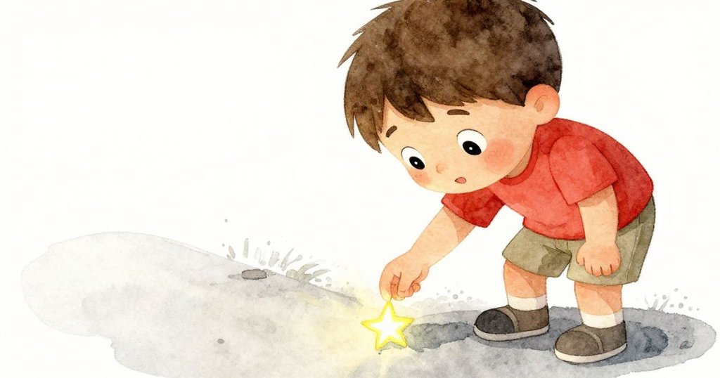 米洛彎腰撿起閃亮的星貼紙，眼中滿是好奇與驚喜，細膩展示情感與物品細節。