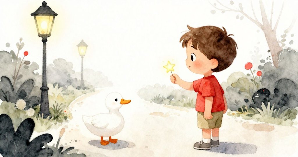 從米洛肩後視角可見一隻活潑鴨子站在路上，米洛停下腳步，手握星貼紙，場景充滿溫馨與幽默。