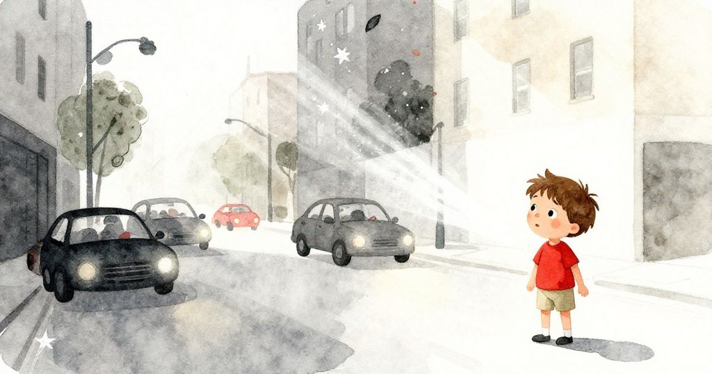 車燈照射在金屬星貼紙上，銀光閃爍間灑在隨風搖曳的落葉上，展現都市與自然交融的美感。