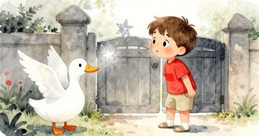 米洛退後兩步，臉上露出猶豫神情，鴨子拍翅飛揚，手中的星貼紙映出耀眼銀光，情緒豐富。