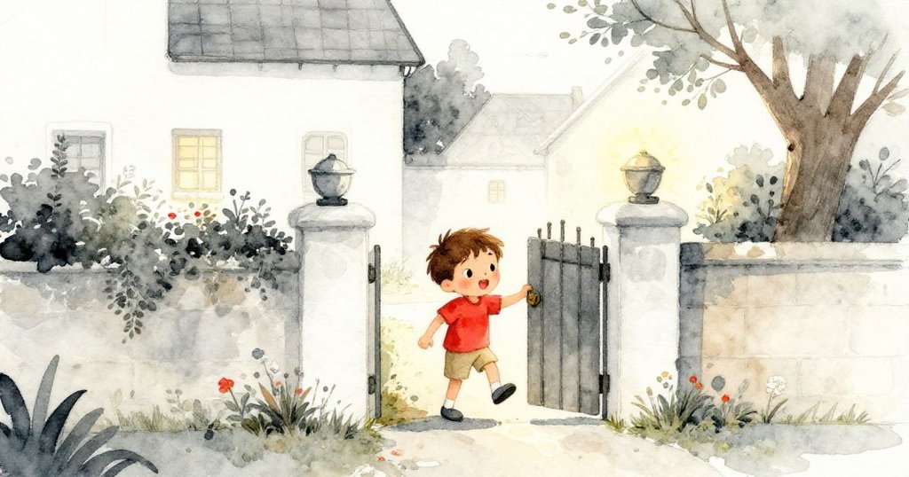 米洛微笑著走入溫馨家園，透過敞開的花園大門進入安靜街道，夕陽柔光襯托出平和溫暖結局。