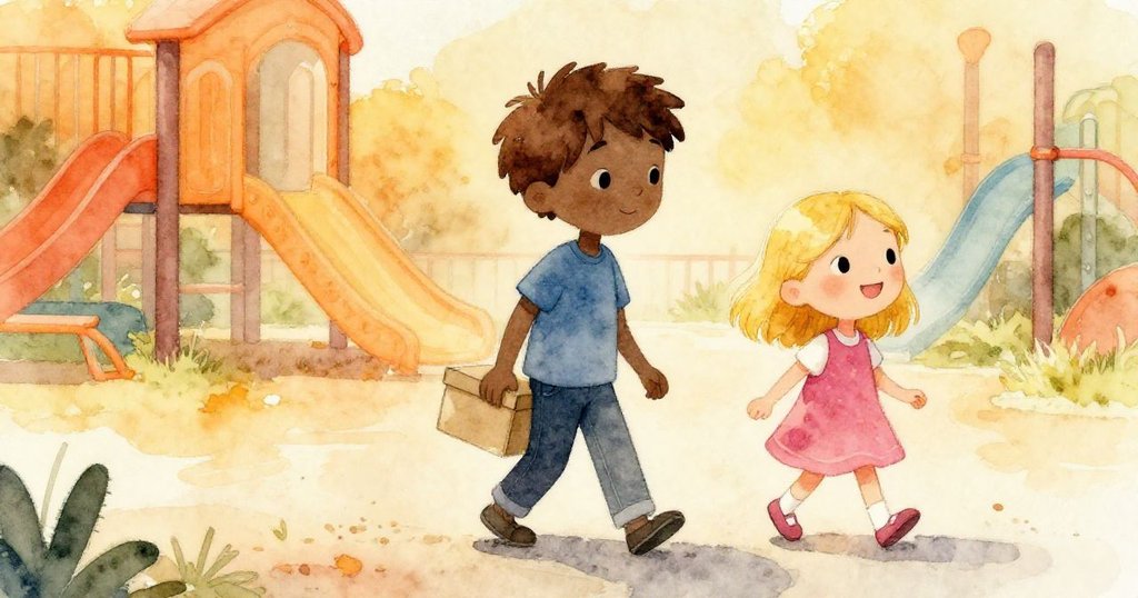 提姆背著箱子，米婭陪伴在前往操場途中，明亮日光下剪影分明，展現充滿期待與活力的情感。