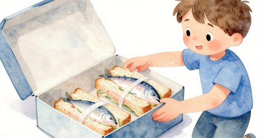 提姆專注打開箱子，露出整齊擺放的新鮮魚三明治，細節精緻，散發出期待與好奇的氛圍。