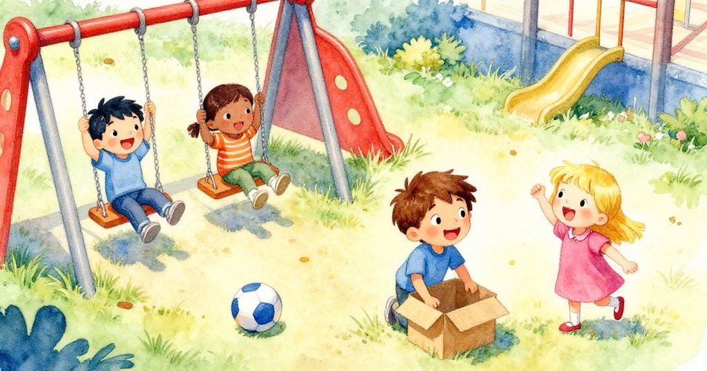 明亮操場上，提姆正緩緩打開箱子，米婭伴左右，孩子們在秋千旁歡呼，球滾過綠地增添動感。