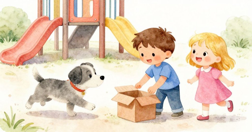 活潑小狗衝近畫面，提姆在開箱時手微顫，米婭在旁關切，操場角落隱約顯現遊戲設備氣氛。