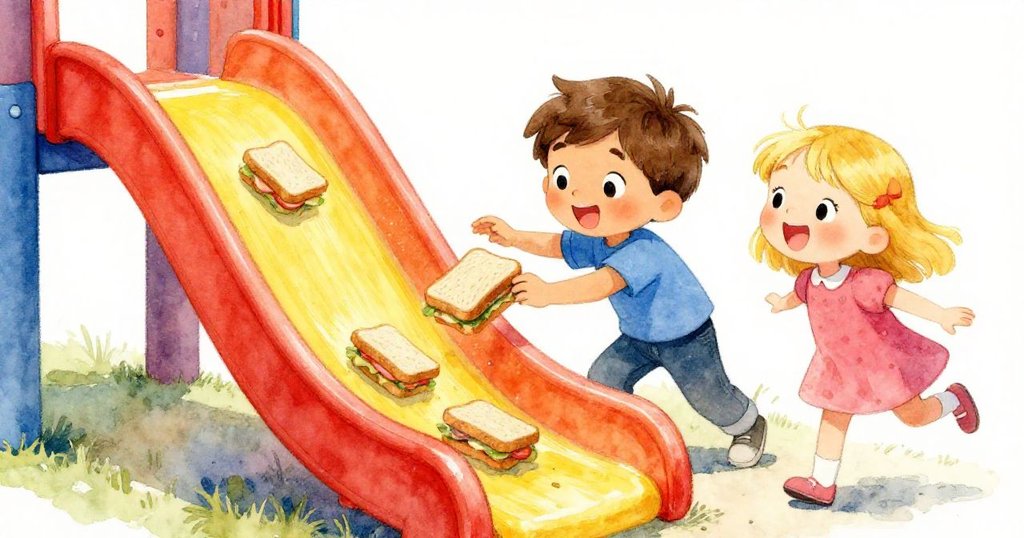 小狗輕輕一碰，魚三明治沿著塑膠滑梯滑下，提姆與米婭驚訝伸手接取，操場上展現出緊張而活潑的瞬間。