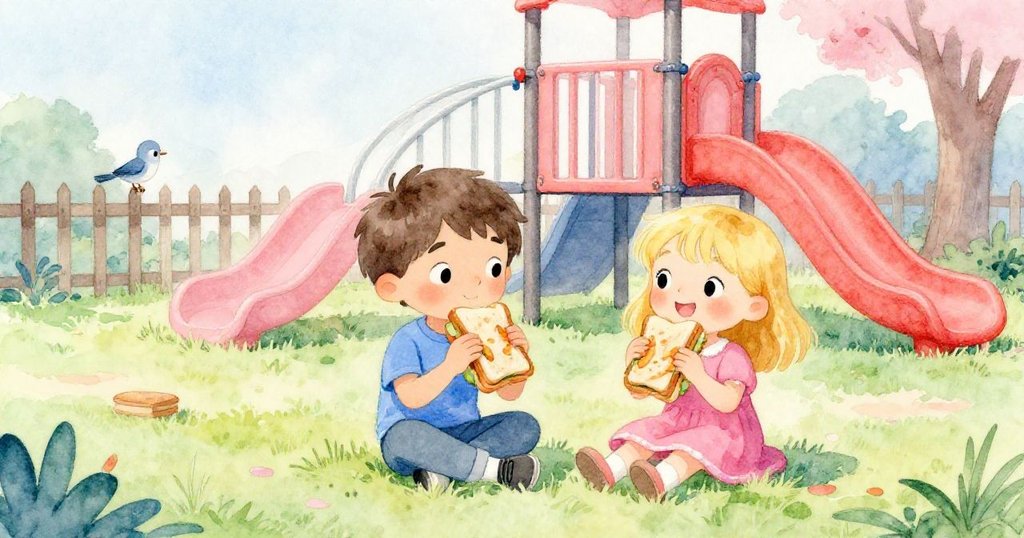 平靜操場上，米婭從草地拾起三明治，提姆穩接另一隻，鴿子靜立圍欄上見證共享溫馨時刻，氛圍安和。