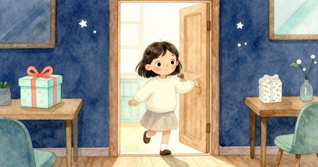 米婭步入溫馨房間，手中輕鬆動作，迎向桌上包星星紙的禮物，臉上展現期待微笑