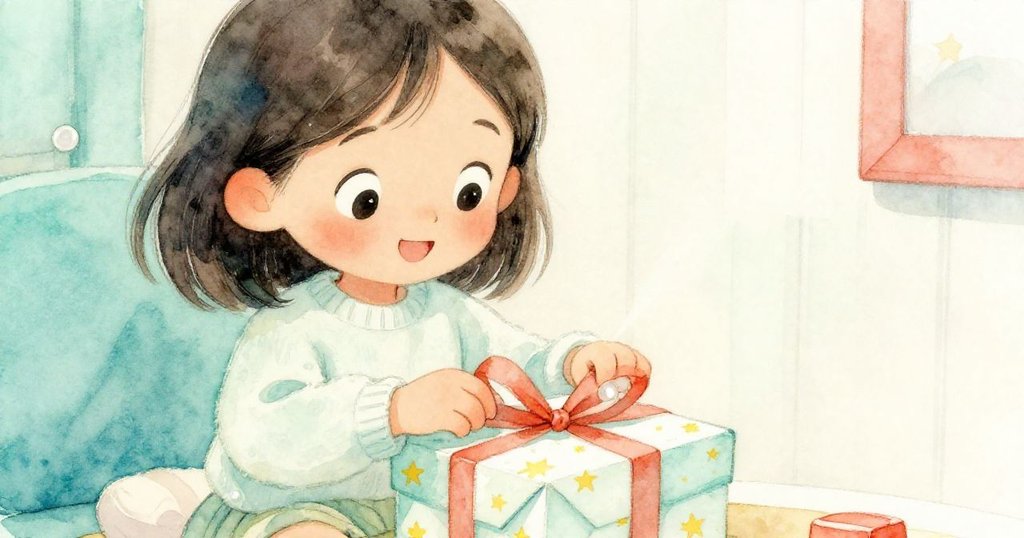 米婭專注拆開禮物包裝，臉部表情充滿好奇與喜悅，背景流露溫暖室內氛圍