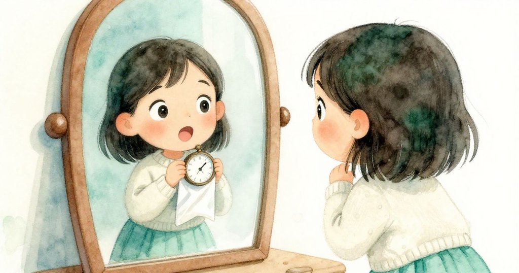 米婭靠近鏡子觀看自己，鏡中隱約看到包裝內小鐘起動，神情驚喜與溫馨