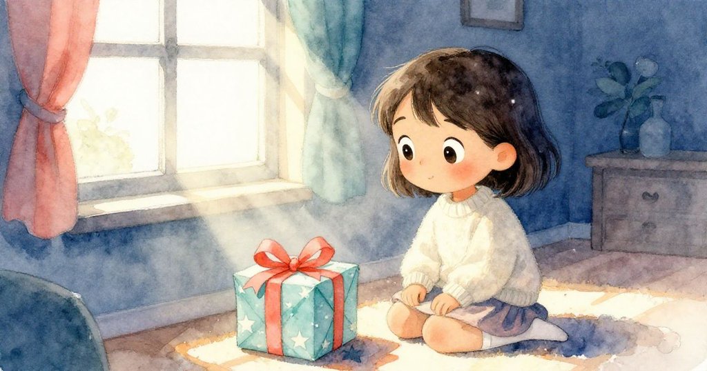 米婭背景靜靜注視窗外溫柔陽光，房內禮物包裝隨光影舞動，充滿溫暖情懷