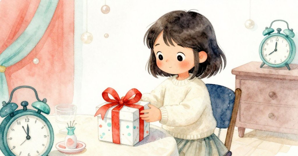 米婭輕鬆放下綴有紅帶的禮盒，臉上浮現滿足笑容，微妙鐘聲伴隨家中溫馨氛圍