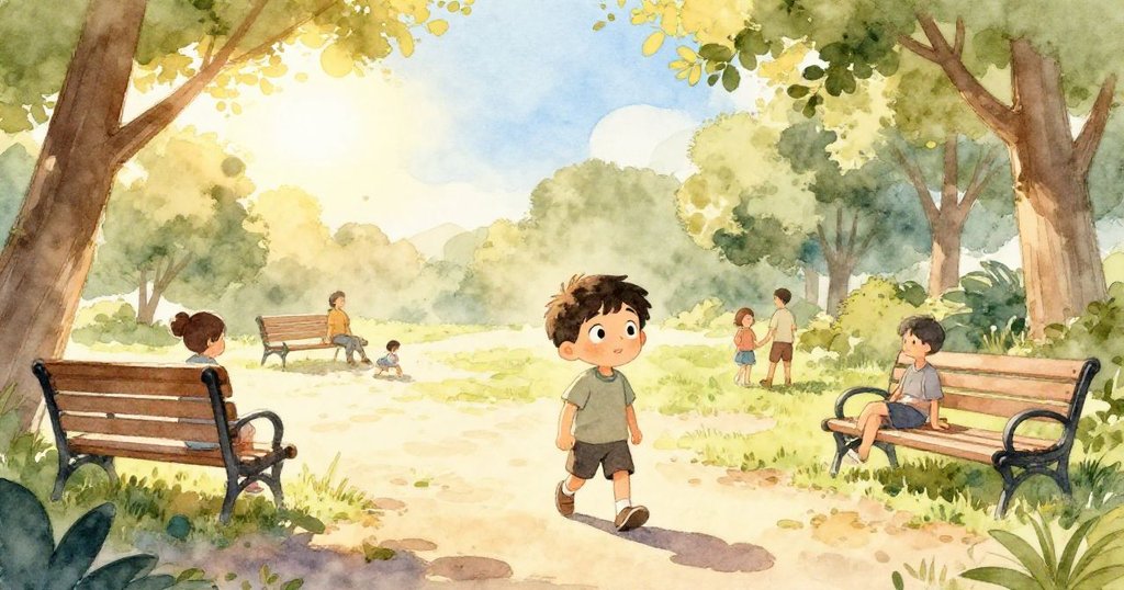 班走進公園,晨光溫暖灑下,長椅和大樹下有人輕鬆聊天,班滿懷期待,環境安詳舒適。