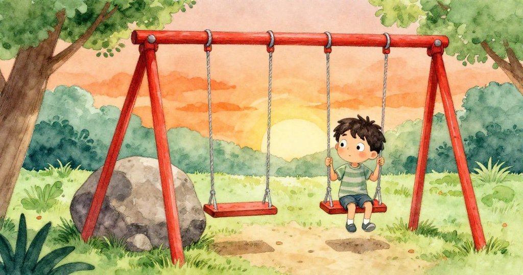 班注視紅色秋千旁擋路的大石,陽光柔和映照象徵挑戰與希望,畫面充滿童趣與意味深長。