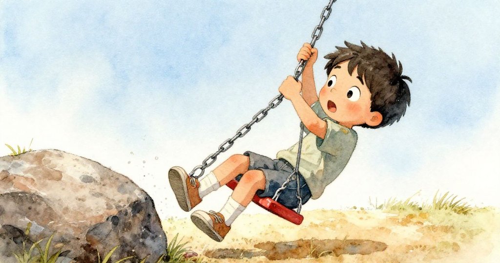 班緊握金屬鏈條,秋千撞上大石頭,畫面傾斜呈現動感與驚奇,公園背景明亮且充滿活力。