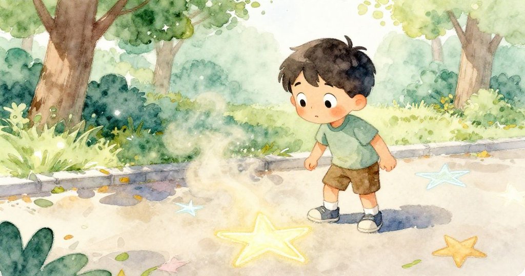 班後退靜候,鞋邊塵土飛揚,地上亮麗粉筆劃出星形,氛圍奇幻溫柔,彌漫童話般魔力。