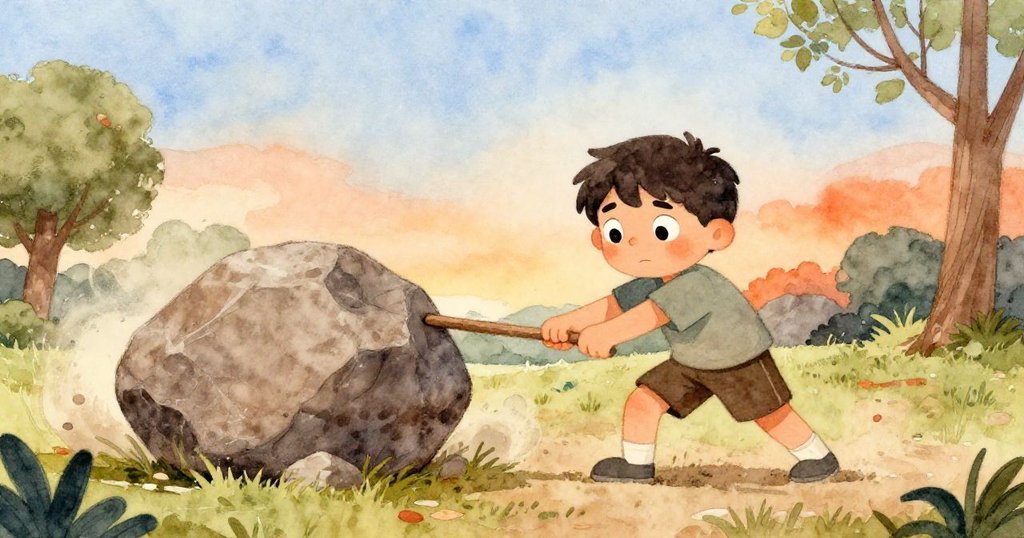 班努力移動大石,臉上流露堅持與專注,塵土飛揚襯托奮戰瞬間,公園背景充滿活力與挑戰。