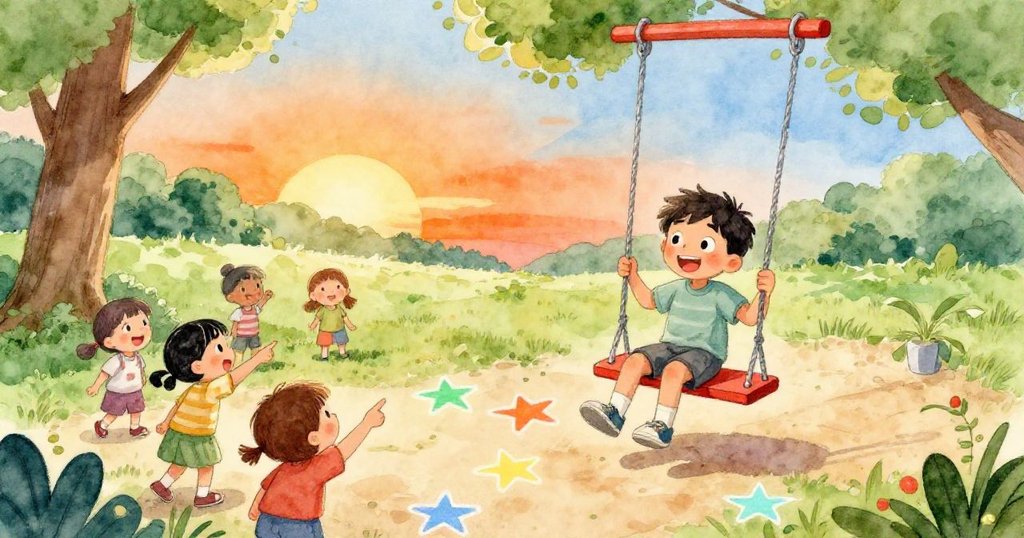 班坐於自由搖擺的秋千上,孩子們指著地上亮麗粉筆星星歡笑,公園重現生氣與溫暖,情境愉悅。