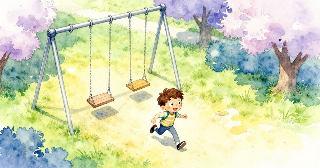 班恩奔向公園中明亮金屬鞦韆，寬闊草地上陽光灑下，動感畫面展現開端和期待，班恩神情充滿活力。