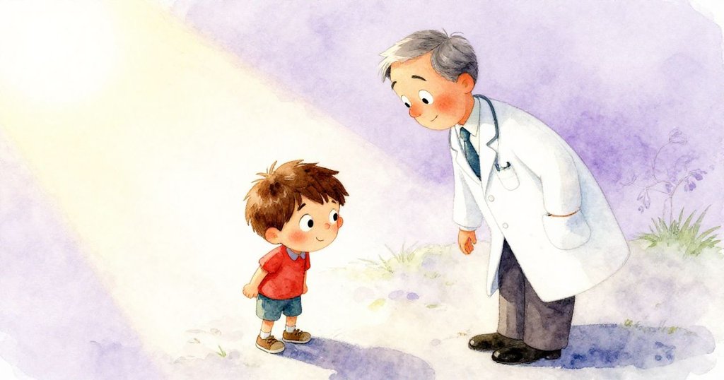 班恩低頭表情失落，醫生走近關心他，高角度展現情感溫暖，故事進入轉折，陽光照射下心情柔和。