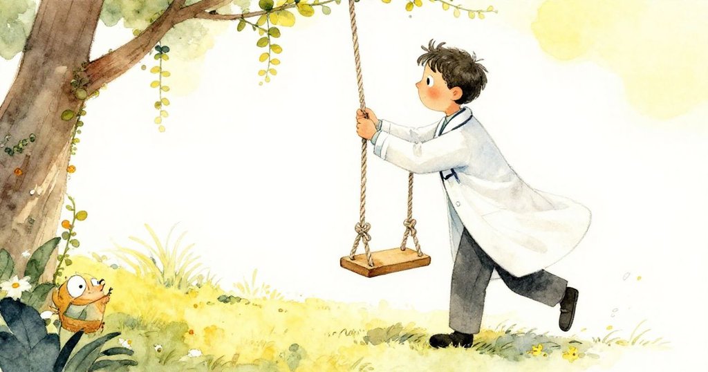 醫生舉起鞦韆座椅並熟練綁上結，隱藏空間中藤蔓和光影交錯，揭示故事高潮前的巧妙轉折。