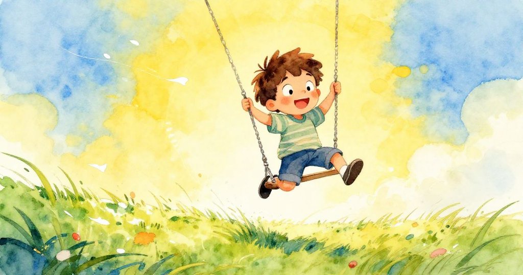 班恩興奮地躍上升起的鞦韆，動感弧線穿越綠草，空中漂浮著柔白心願，故事進入高潮充滿期待。