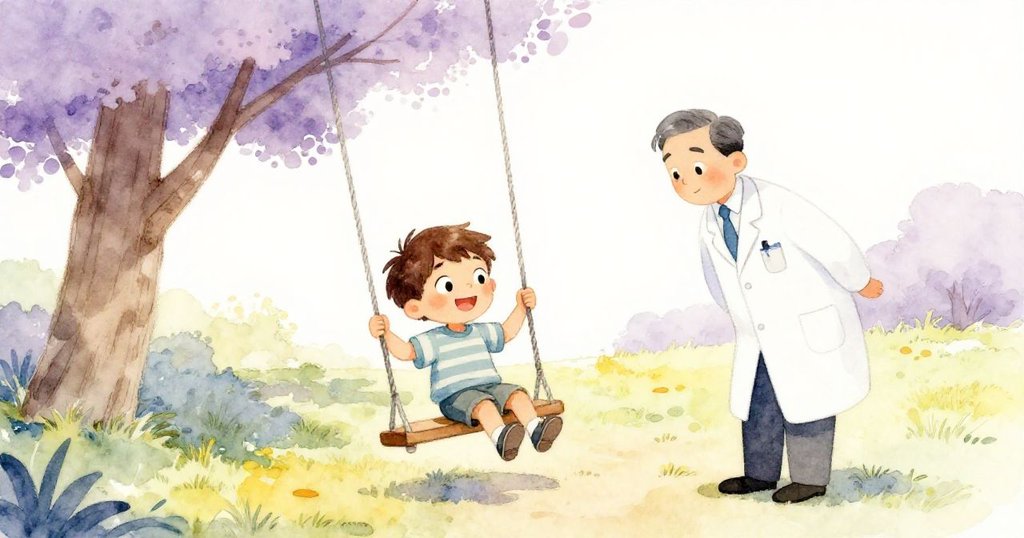 班恩滿足地坐在慢慢停止的鞦韆上，醫生在背景微笑守望，溫暖公園中故事歸於平和，展現結局與重聚的喜悅。