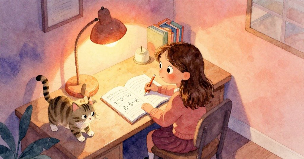 Mia坐在溫馨書房桌前做數學作業，燈光明亮，條紋貓好奇圍繞，展現專注期待的學習氛圍。