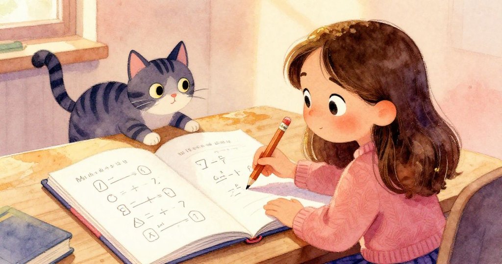 Mia在桌前輕輕打開作業夾，筆尖輕敲紙面，條紋貓靜觀四周，流露出溫柔專注的家庭書房情景。