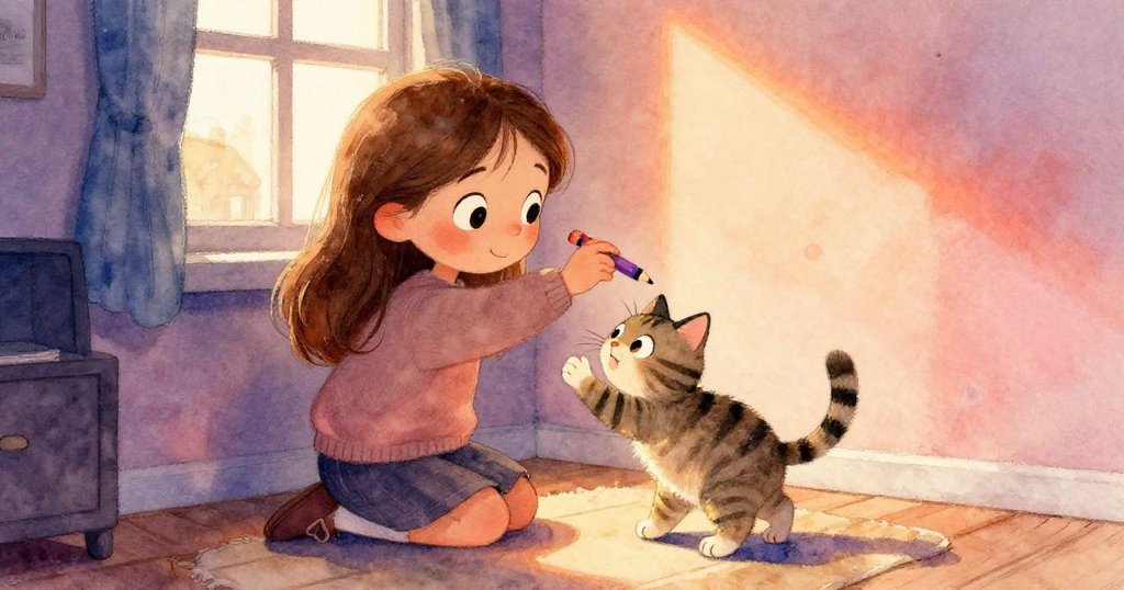 Mia笑著在書房角落輕抱條紋貓，伸手取亮色蠟筆，溫暖自然光映照下展現出親切溫柔的互動瞬間。