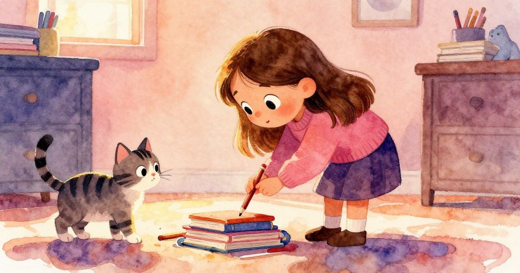 Mia蹲下努力從書堆中撈回鉛筆，條紋貓在一旁調皮注視，展現出家庭中輕鬆且溫馨的小挑戰。