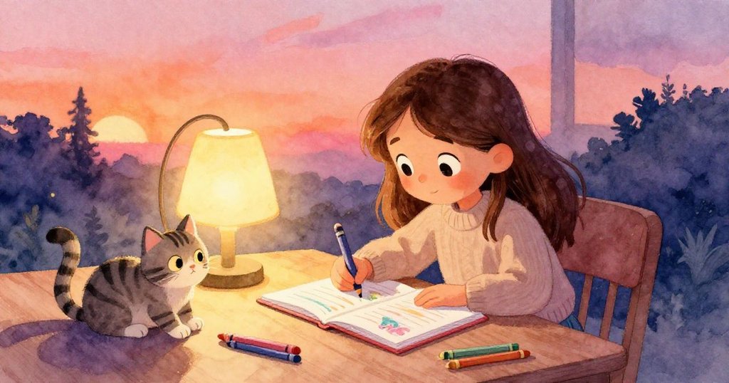 Mia在夕陽餘暉下用亮麗蠟筆為作業上色，條紋貓靜臥燈旁，營造出溫馨平靜、快樂滿懷的結局氛圍。