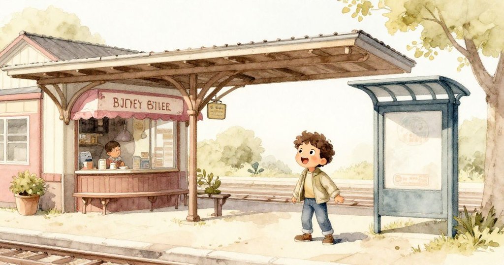 Leo站在小車站咖啡館前等待,清晨的光線灑落其間,背景溫暖宜人,他滿懷期待準備踏上旅程。