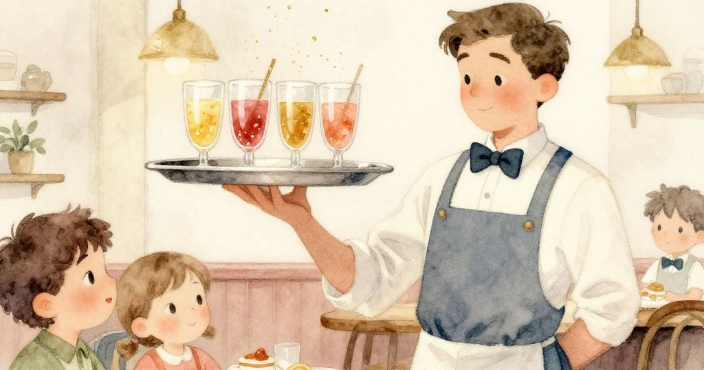 服務生手持銀色托盤,平衡著閃亮果汁杯,畫面細膩展現咖啡館內部溫馨精緻的環境。