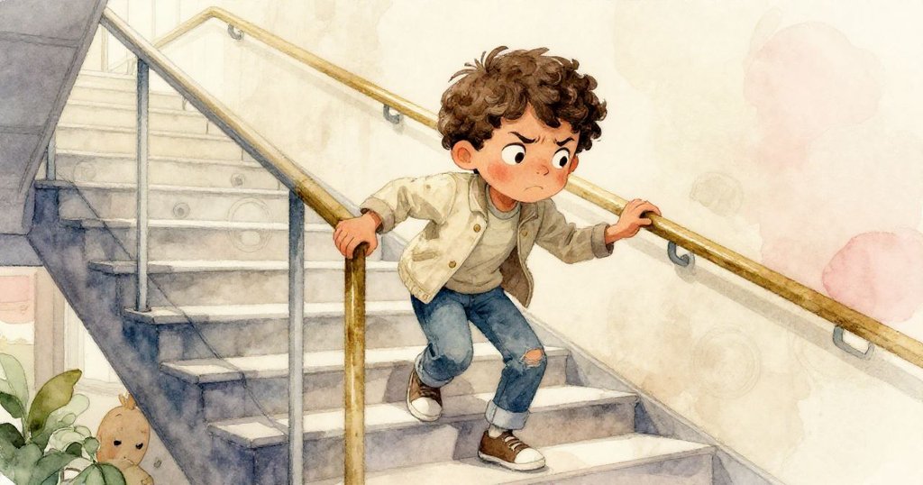 Leo在陡峭樓梯上急促奔跑,臉上流露緊張與決心,環境細節凸顯出冒險與挑戰。