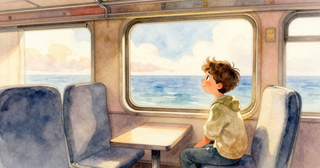 Leo盤坐在列車窗邊,夕陽映照下望向藍色海洋和飄動雲彩,心中滿溢平靜與溫暖,旅程圓滿收尾。