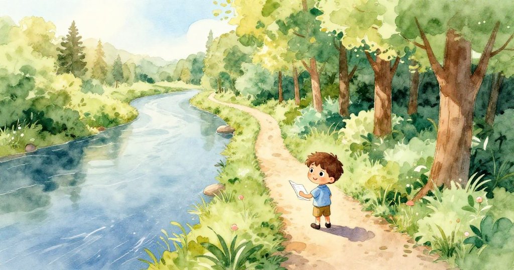 馬可早晨手提畫冊沿蜿蜒小徑走向河岸，樹林中光影斑駁，充滿期待與活力，展現出全景的自然美景