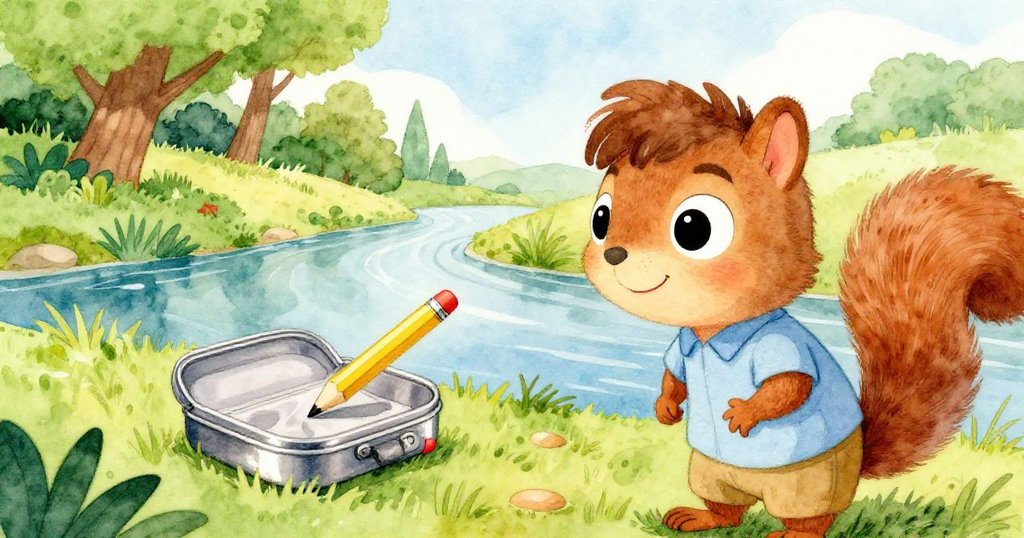 一隻毛茸茸松鼠從低角度注視著馬可旁閃亮筆盒及黃色鉛筆，充滿好奇與調皮，景色自然生動