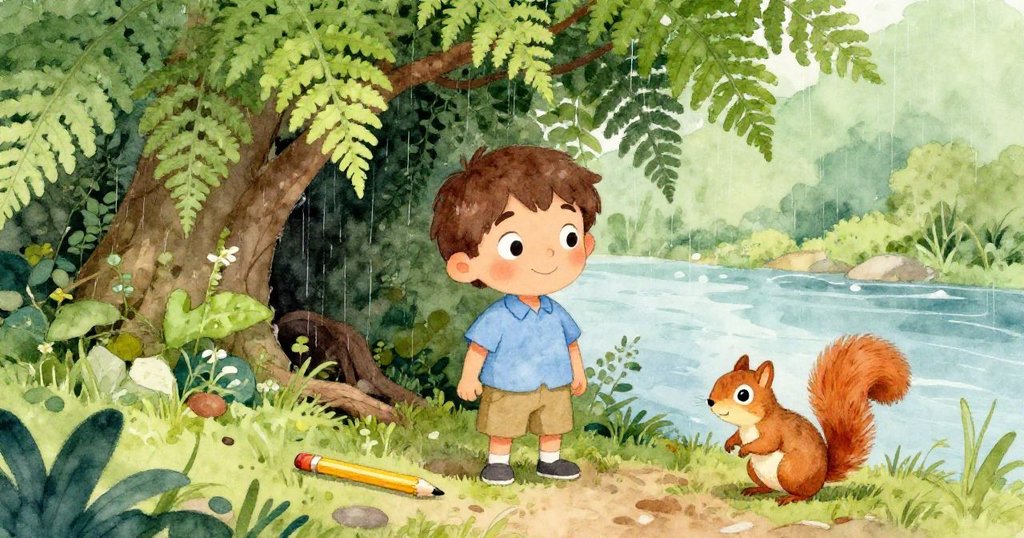 馬可蹲於蕨葉隱蔽角落中，溫柔拾取掉落的黃色鉛筆，松鼠躲藏其中，雨絲輕拂增添神秘感