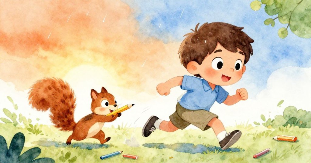 馬可急速躍起追逐叼著黃色鉛筆的松鼠，筆具散落於石面，雨絲輕灑中充滿緊張與活力