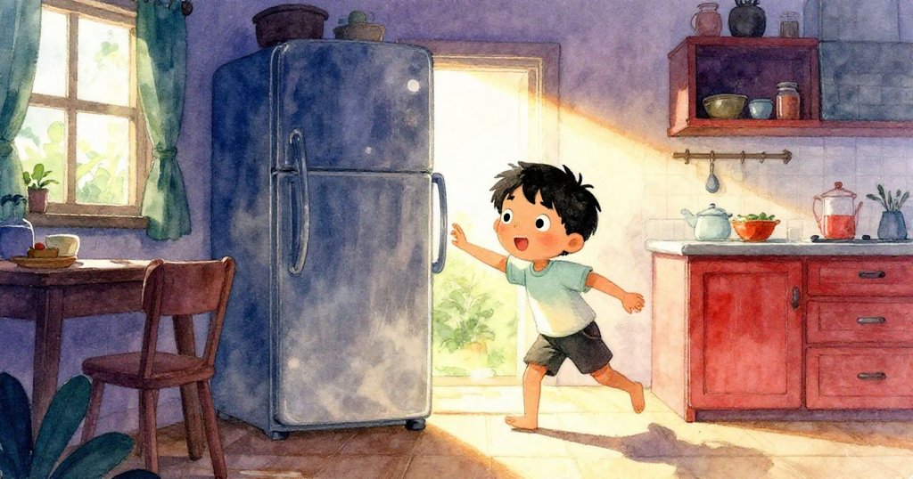 Leo走進溫馨廚房，迎接晨光，表情期待且活潑，背景有閉合冰箱，溫暖與緊張交織的場景。