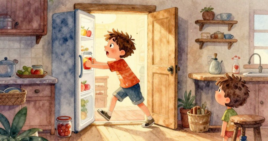 Leo拉扯冰箱門時引發罐子傾倒，紙盒撞擊下太陽眼鏡滑動，櫥櫃細節豐富且充滿動感。