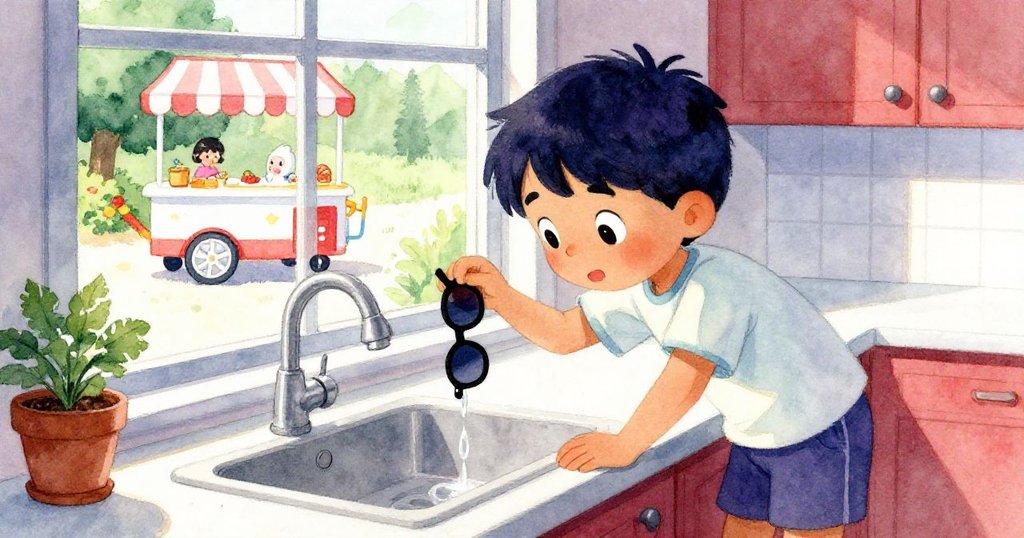 Leo在水槽邊彎腰撿起滴水眼鏡，窗外映出陽光下行駛的冰淇淋車，情感專注而期待。