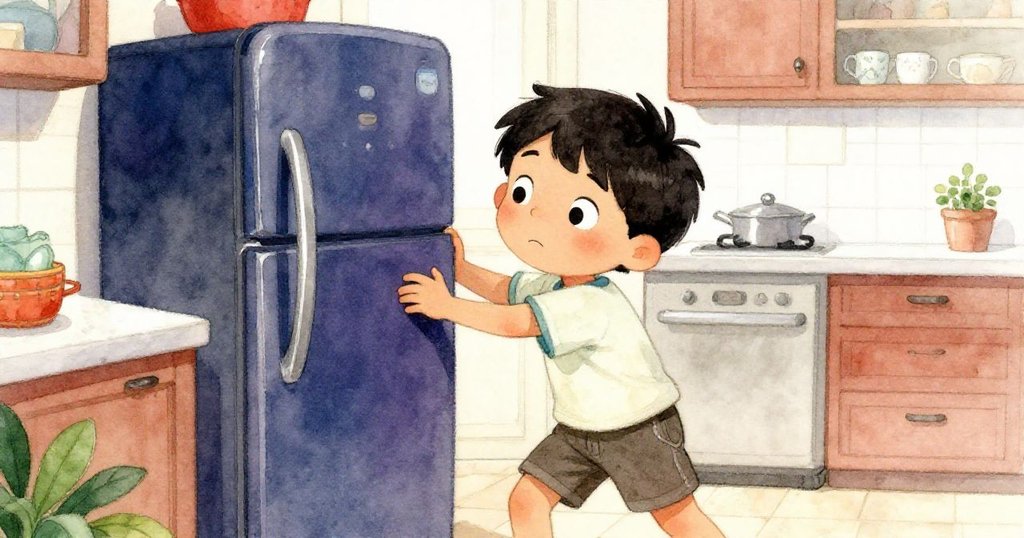 Leo努力拉扯頑固冰箱門，臉上展現輕鬆幽默的微笑，廚房背景溫馨，充滿生活趣味。