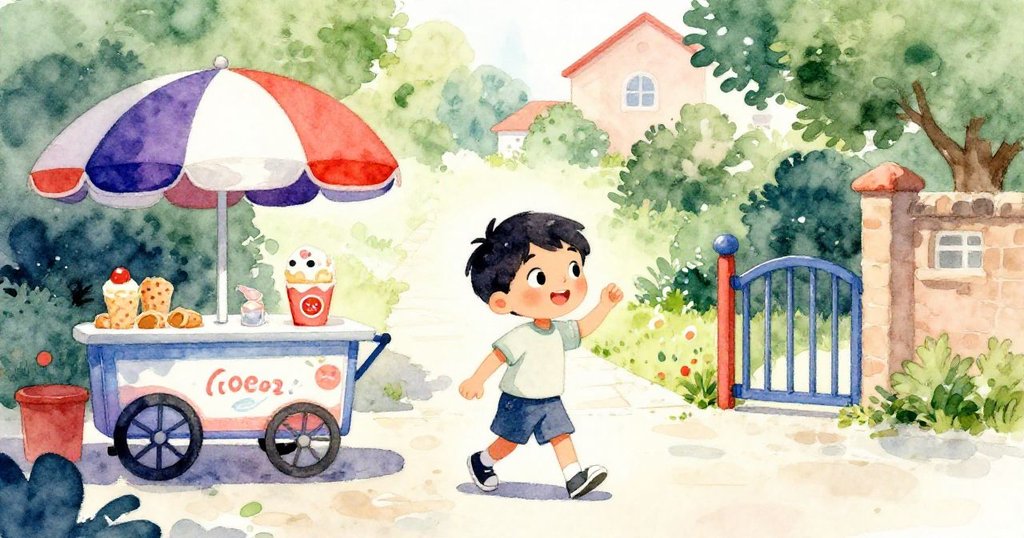 Leo走出溫馨家門，踏上陽光明媚街道，朝著艷麗冰淇淋車前進，準備買芒果冰棒，滿心期待。