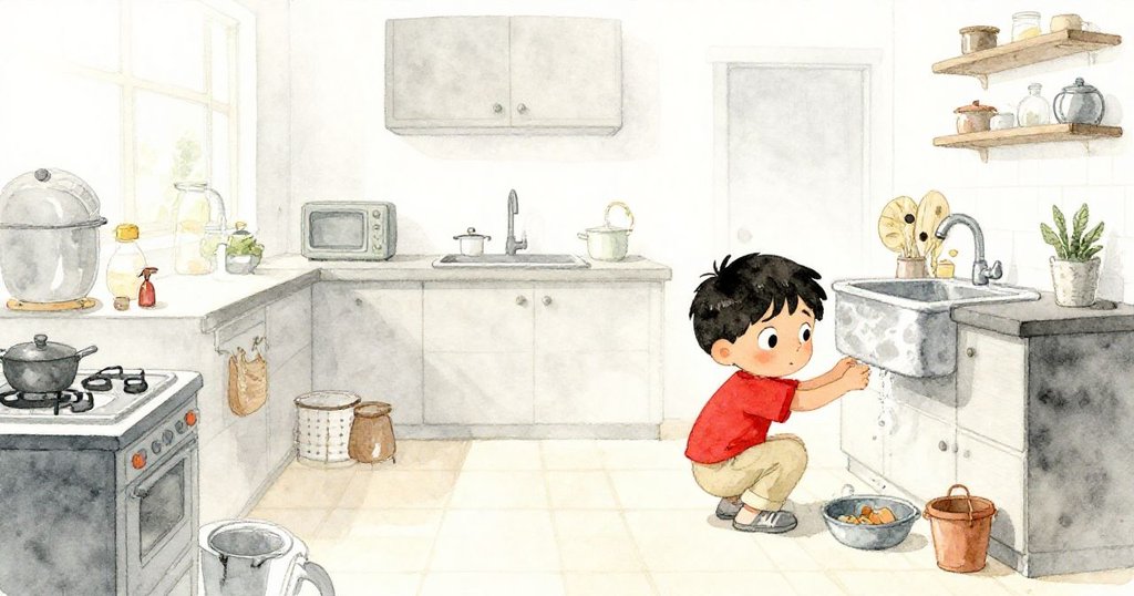 Marco蹲在溫馨廚房裡搜尋扳手，周遭散落物品猶如歡樂人群，臉上充滿堅定與期待