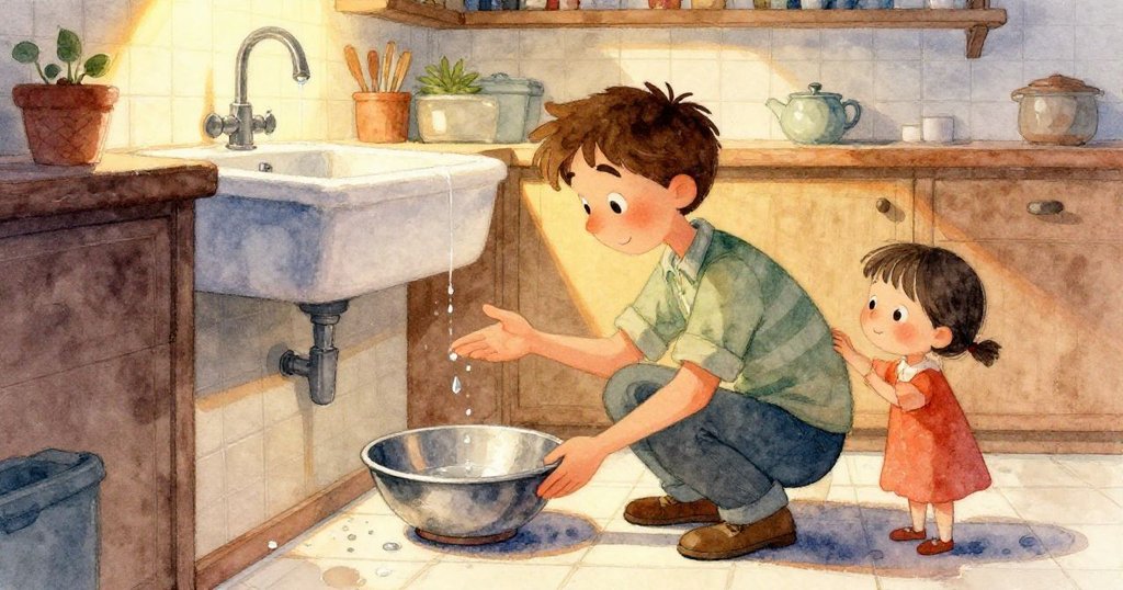 Marco的手輕觸水槽上閃爍水珠，細膩光影下展現廚房金屬紋理，充滿專注與好奇