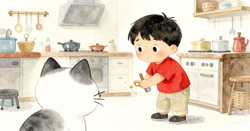 小貓從低角度觀察Marco忙碌搜尋扳手，工具散落廚房中，氣氛溫馨且富有生動互動