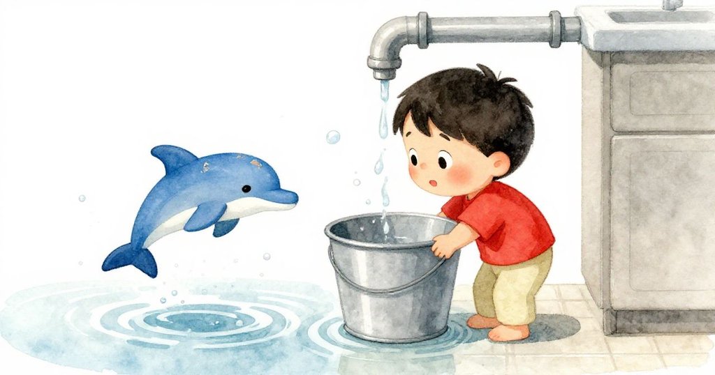 Marco放置水桶於滴水管下，透過水中波紋見藍色海豚靜浮，細膩夢幻的家庭廚房情景