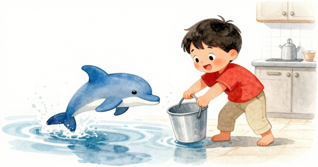 Marco快樂地傾斜水桶，藍色海豚在水面上滑馳，動感畫面展現家庭廚房中的活力與笑聲